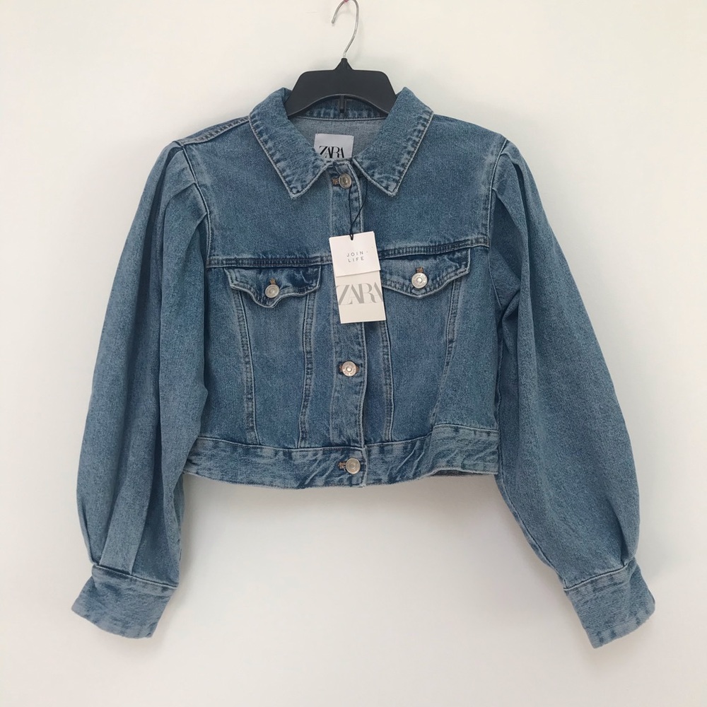 Zara Balloon Sleeves Cropped Denim Jacket Blue M - Picture 2 of 13